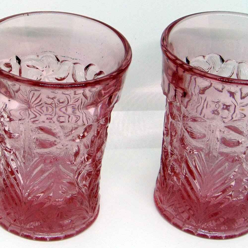 2 L.E. Smith Dark Pink Dogwood with Tiger Lilies Tumblers Great Condition
